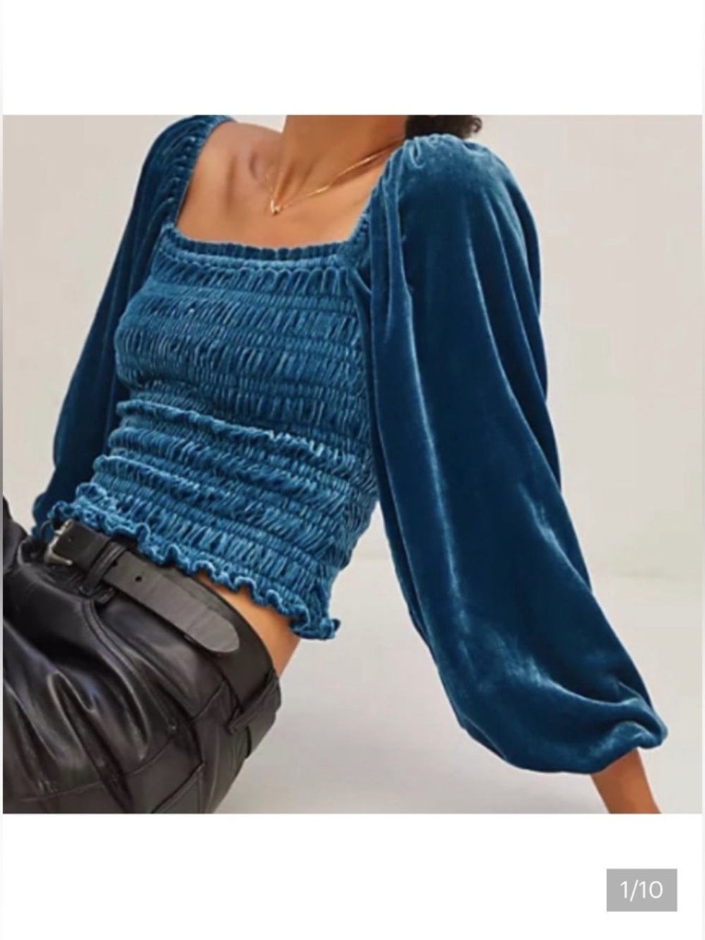 NWT Anthropologie Smocked Puff Sleeve Blue Velvet Square Neck Long Sleeve Top
